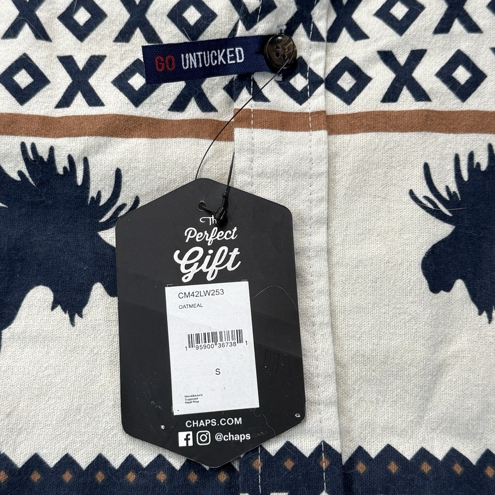 Chaps Men's S Moose Print Button Down Shirt Untucked 100% Cotton NWT Cabin Core - Picture 3 of 12